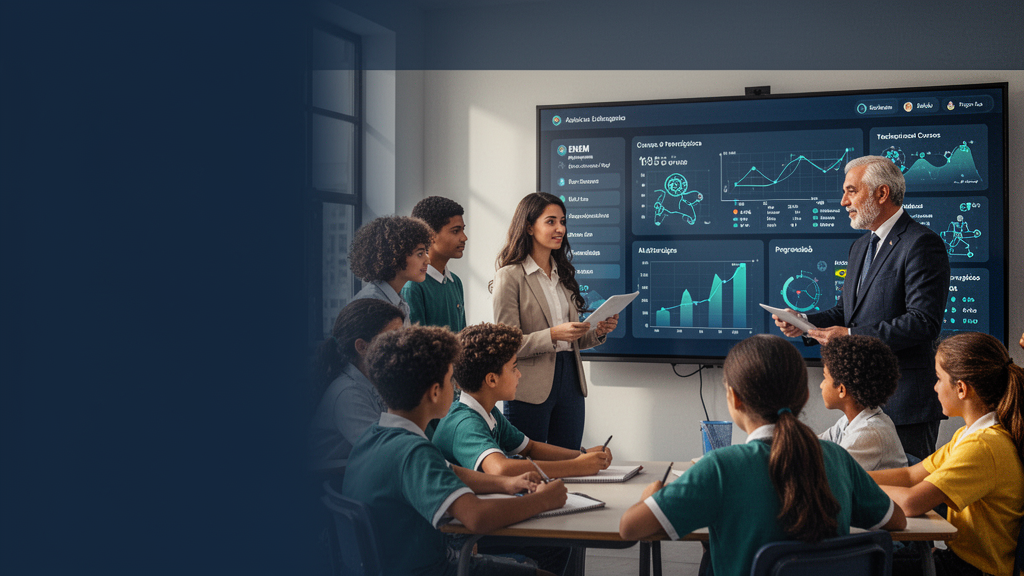 Gestores, professora e estudantes utilizando tecnologia educacional